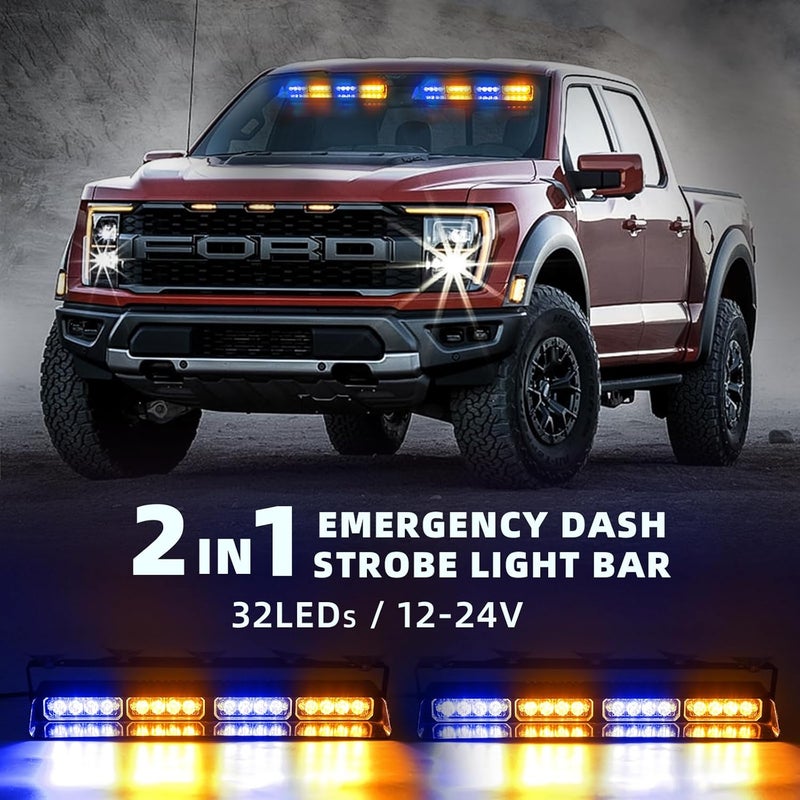 PKINGLAKE 2 in 1 LED Emergency Dash Strobe Light Bar Front/Rear Windshield Safety Flashing Warning Hazard Interior Lights for Police Firefighter Construction Vehicles Trucks (2x14 inch, Amber/Blue) - Image 2